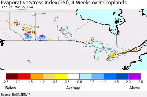Canada Evaporative Stress Index (ESI), 4-Weeks over Croplands Thematic Map For 3/25/2024 - 3/31/2024