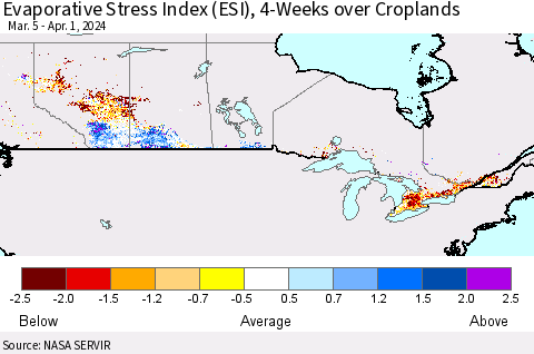 Canada Evaporative Stress Index (ESI), 4-Weeks over Croplands Thematic Map For 4/1/2024 - 4/7/2024