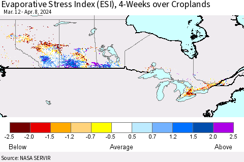 Canada Evaporative Stress Index (ESI), 4-Weeks over Croplands Thematic Map For 4/8/2024 - 4/14/2024