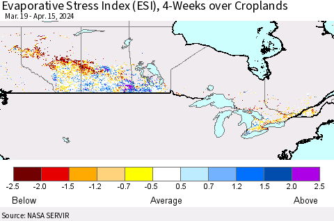 Canada Evaporative Stress Index (ESI), 4-Weeks over Croplands Thematic Map For 4/15/2024 - 4/21/2024