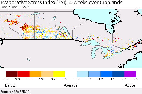Canada Evaporative Stress Index (ESI), 4-Weeks over Croplands Thematic Map For 4/29/2024 - 5/5/2024