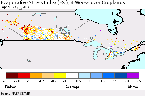 Canada Evaporative Stress Index (ESI), 4-Weeks over Croplands Thematic Map For 5/6/2024 - 5/12/2024