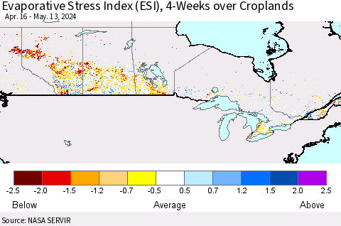 Canada Evaporative Stress Index (ESI), 4-Weeks over Croplands Thematic Map For 5/13/2024 - 5/19/2024
