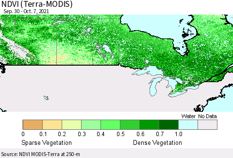 Canada NDVI (Terra-MODIS) Thematic Map For 9/30/2021 - 10/7/2021