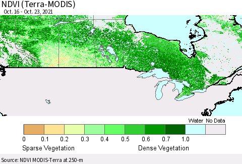 Canada NDVI (Terra-MODIS) Thematic Map For 10/16/2021 - 10/23/2021