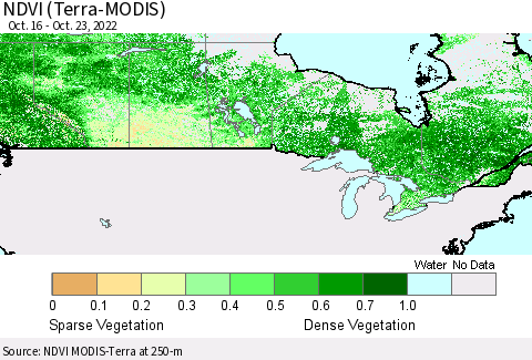 Canada NDVI (Terra-MODIS) Thematic Map For 10/16/2022 - 10/23/2022
