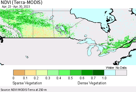 Canada NDVI (Terra-MODIS) Thematic Map For 4/23/2023 - 4/30/2023