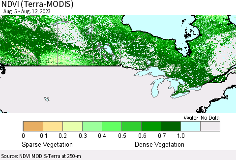 Canada NDVI (Terra-MODIS) Thematic Map For 8/5/2023 - 8/12/2023
