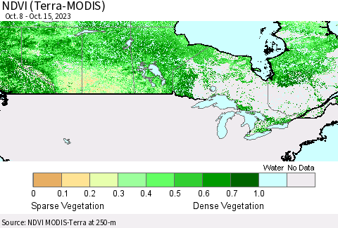 Canada NDVI (Terra-MODIS) Thematic Map For 10/8/2023 - 10/15/2023