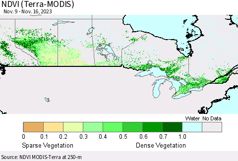 Canada NDVI (Terra-MODIS) Thematic Map For 11/9/2023 - 11/16/2023