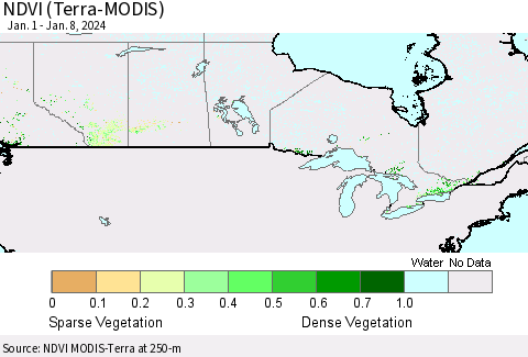 Canada NDVI (Terra-MODIS) Thematic Map For 1/1/2024 - 1/8/2024