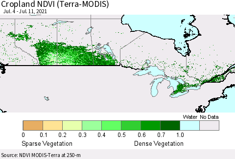 Canada Cropland NDVI (Terra-MODIS) Thematic Map For 7/4/2021 - 7/11/2021