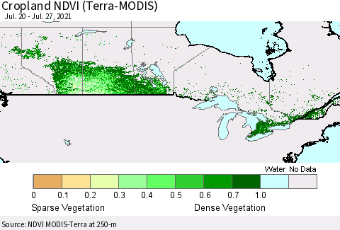 Canada Cropland NDVI (Terra-MODIS) Thematic Map For 7/20/2021 - 7/27/2021