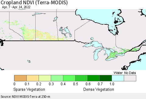 Canada Cropland NDVI (Terra-MODIS) Thematic Map For 4/7/2022 - 4/14/2022