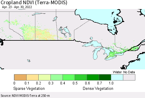 Canada Cropland NDVI (Terra-MODIS) Thematic Map For 4/23/2022 - 4/30/2022