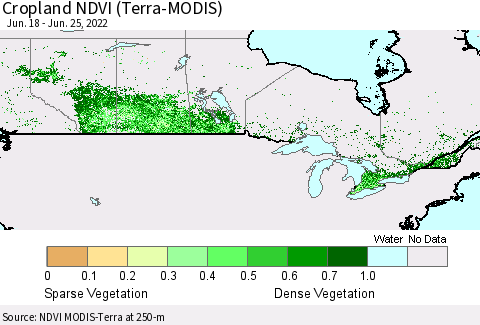 Canada Cropland NDVI (Terra-MODIS) Thematic Map For 6/18/2022 - 6/25/2022