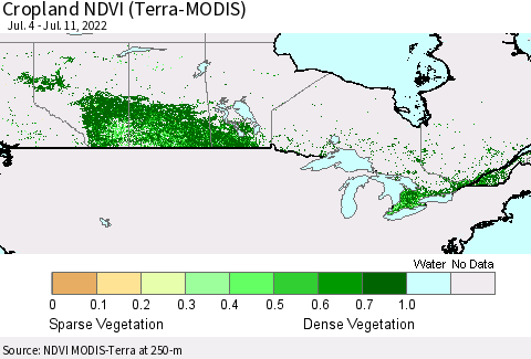 Canada Cropland NDVI (Terra-MODIS) Thematic Map For 7/4/2022 - 7/11/2022