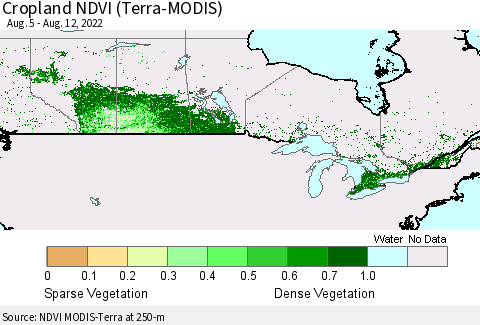 Canada Cropland NDVI (Terra-MODIS) Thematic Map For 8/5/2022 - 8/12/2022