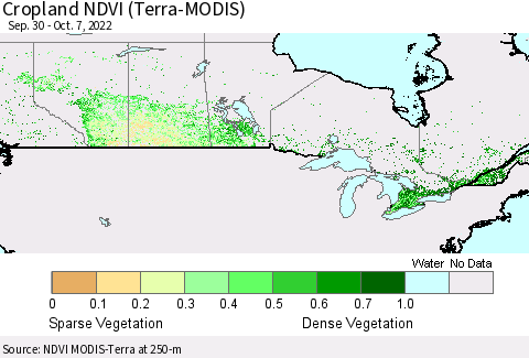Canada Cropland NDVI (Terra-MODIS) Thematic Map For 9/30/2022 - 10/7/2022