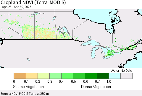 Canada Cropland NDVI (Terra-MODIS) Thematic Map For 4/23/2023 - 4/30/2023