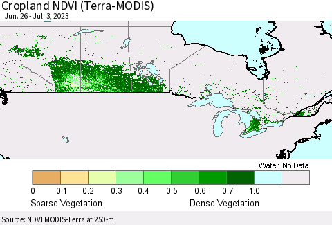 Canada Cropland NDVI (Terra-MODIS) Thematic Map For 6/26/2023 - 7/3/2023