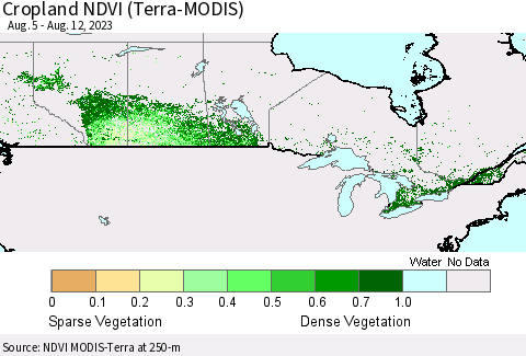 Canada Cropland NDVI (Terra-MODIS) Thematic Map For 8/5/2023 - 8/12/2023