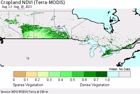 Canada Cropland NDVI (Terra-MODIS) Thematic Map For 8/13/2023 - 8/20/2023