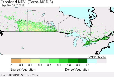 Canada Cropland NDVI (Terra-MODIS) Thematic Map For 9/30/2023 - 10/7/2023