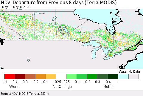 Canada NDVI Departure from Previous 8-days (Terra-MODIS) Thematic Map For 5/1/2021 - 5/8/2021