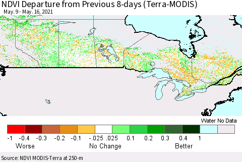 Canada NDVI Departure from Previous 8-days (Terra-MODIS) Thematic Map For 5/9/2021 - 5/16/2021