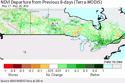 Canada NDVI Departure from Previous 8-days (Terra-MODIS) Thematic Map For 5/17/2021 - 5/24/2021
