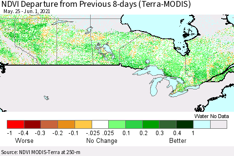 Canada NDVI Departure from Previous 8-days (Terra-MODIS) Thematic Map For 5/25/2021 - 6/1/2021