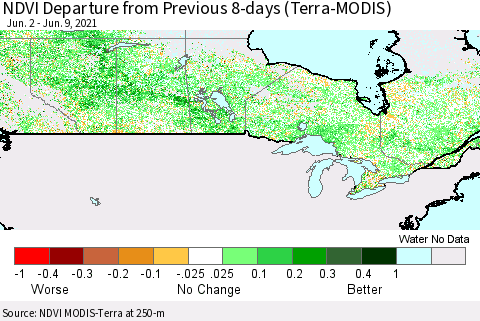 Canada NDVI Departure from Previous 8-days (Terra-MODIS) Thematic Map For 6/2/2021 - 6/9/2021