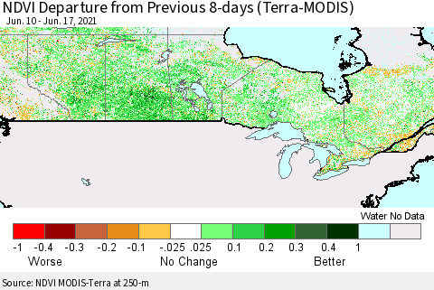 Canada NDVI Departure from Previous 8-days (Terra-MODIS) Thematic Map For 6/10/2021 - 6/17/2021