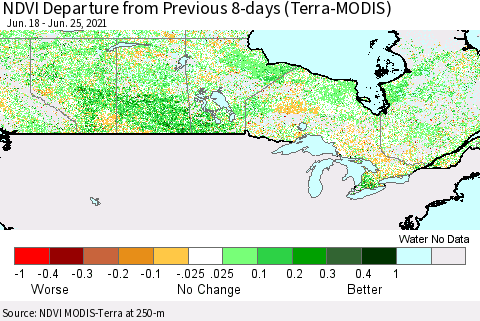 Canada NDVI Departure from Previous 8-days (Terra-MODIS) Thematic Map For 6/18/2021 - 6/25/2021