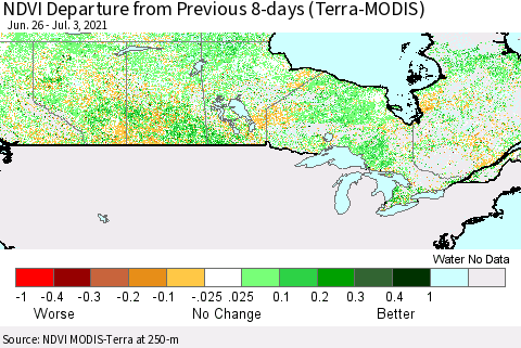 Canada NDVI Departure from Previous 8-days (Terra-MODIS) Thematic Map For 6/26/2021 - 7/3/2021