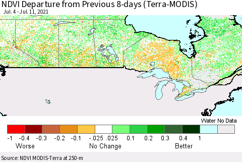 Canada NDVI Departure from Previous 8-days (Terra-MODIS) Thematic Map For 7/4/2021 - 7/11/2021