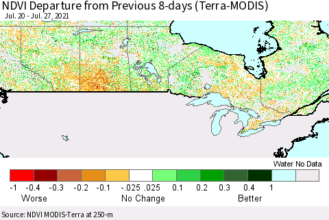 Canada NDVI Departure from Previous 8-days (Terra-MODIS) Thematic Map For 7/20/2021 - 7/27/2021