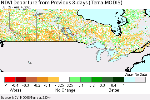Canada NDVI Departure from Previous 8-days (Terra-MODIS) Thematic Map For 7/28/2021 - 8/4/2021