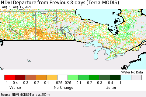 Canada NDVI Departure from Previous 8-days (Terra-MODIS) Thematic Map For 8/5/2021 - 8/12/2021