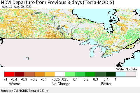 Canada NDVI Departure from Previous 8-days (Terra-MODIS) Thematic Map For 8/13/2021 - 8/20/2021