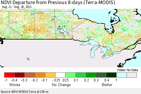 Canada NDVI Departure from Previous 8-days (Terra-MODIS) Thematic Map For 8/21/2021 - 8/28/2021