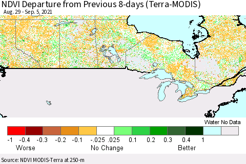Canada NDVI Departure from Previous 8-days (Terra-MODIS) Thematic Map For 8/29/2021 - 9/5/2021