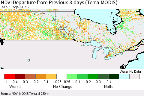 Canada NDVI Departure from Previous 8-days (Terra-MODIS) Thematic Map For 9/6/2021 - 9/13/2021