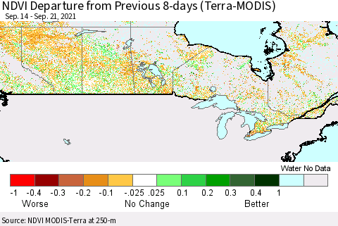 Canada NDVI Departure from Previous 8-days (Terra-MODIS) Thematic Map For 9/14/2021 - 9/21/2021