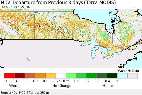 Canada NDVI Departure from Previous 8-days (Terra-MODIS) Thematic Map For 9/22/2021 - 9/29/2021