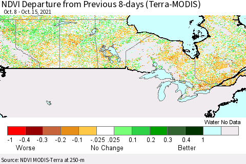 Canada NDVI Departure from Previous 8-days (Terra-MODIS) Thematic Map For 10/8/2021 - 10/15/2021