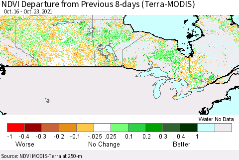 Canada NDVI Departure from Previous 8-days (Terra-MODIS) Thematic Map For 10/16/2021 - 10/23/2021