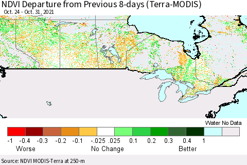 Canada NDVI Departure from Previous 8-days (Terra-MODIS) Thematic Map For 10/24/2021 - 10/31/2021