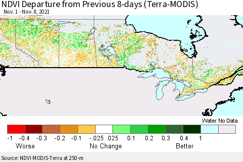 Canada NDVI Departure from Previous 8-days (Terra-MODIS) Thematic Map For 11/1/2021 - 11/8/2021